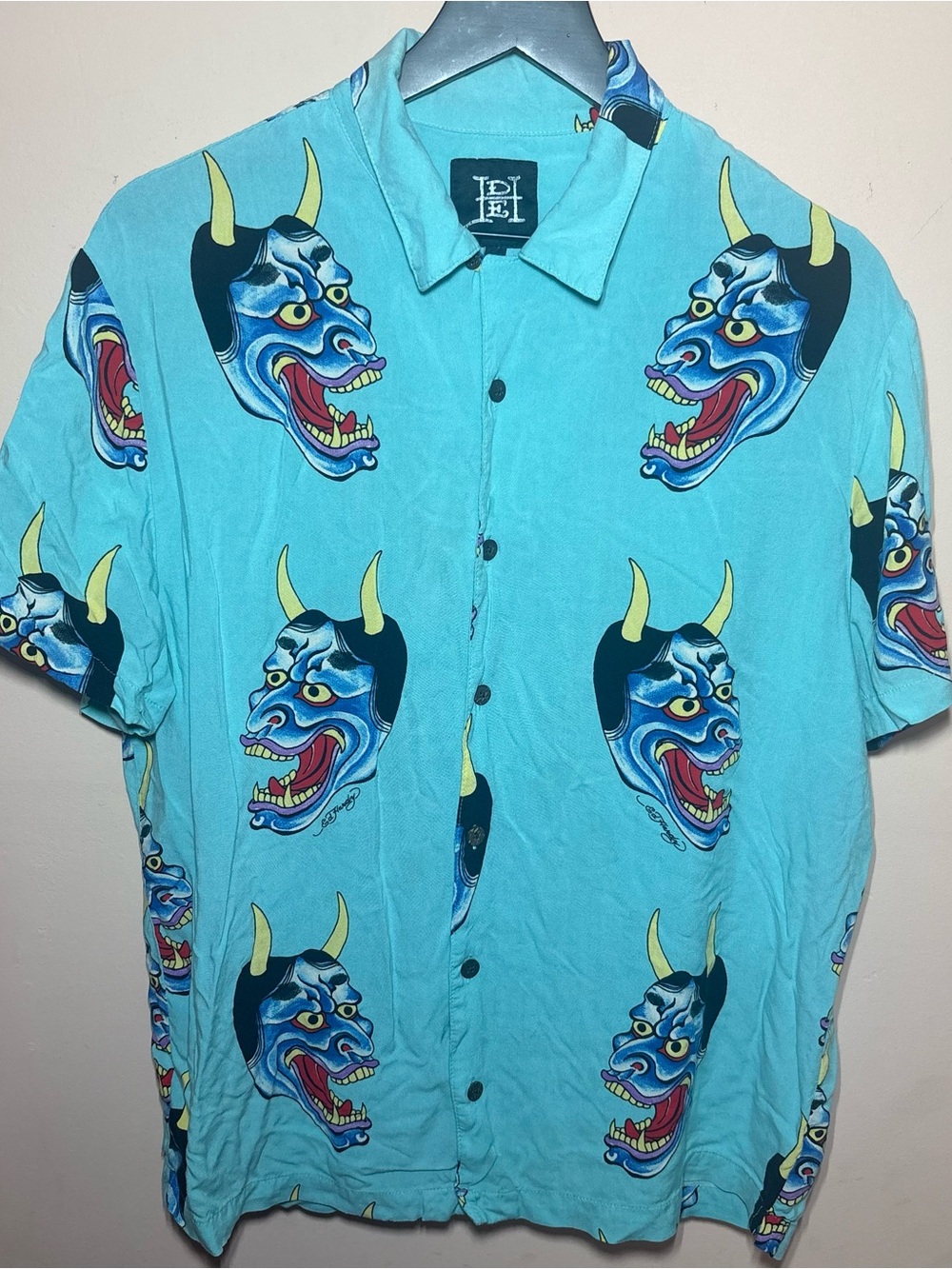 Ed Hardy Hannya Mask Shirt Large Blue Japanese Tattoo All Over Print